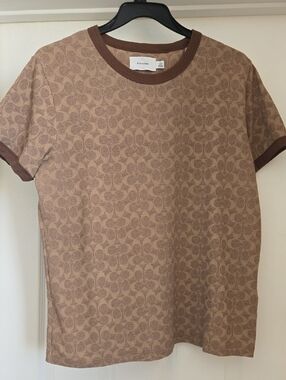 Coach  Tan/Brown Signature Logo Ringer Short Sleeve Top
